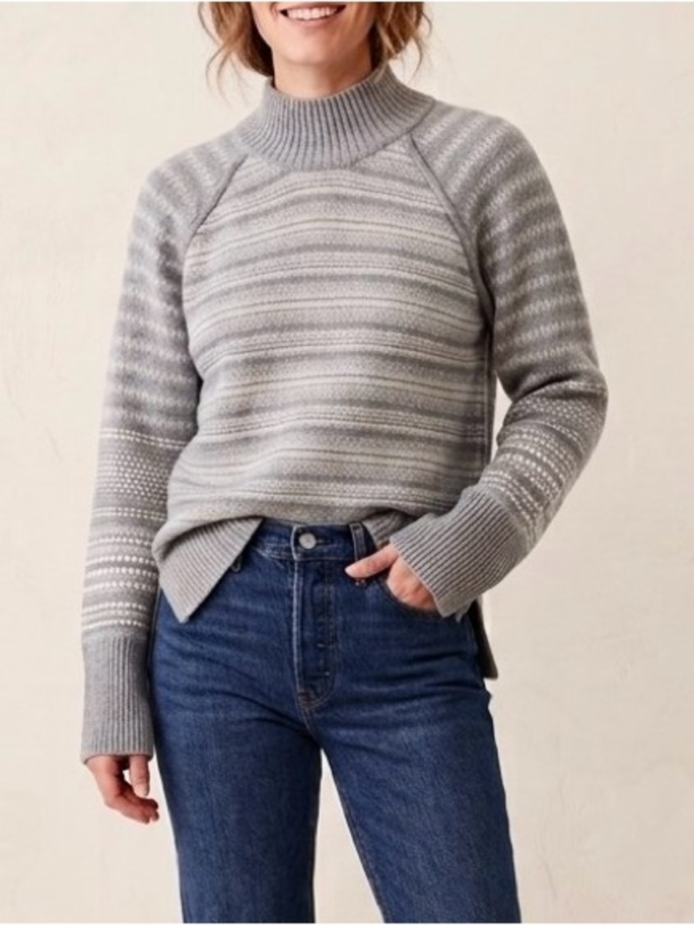 CYRUS Grey Striped Mock Neck Sweater Side Slit Soft Knit Cozy M Boho Chic